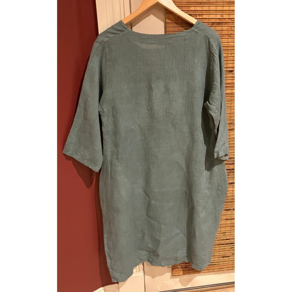 Made In Italy Linen V Neck 3/4 Sleeve Tunic Dress Top Blue Lagenlook - Picture 2 of 6